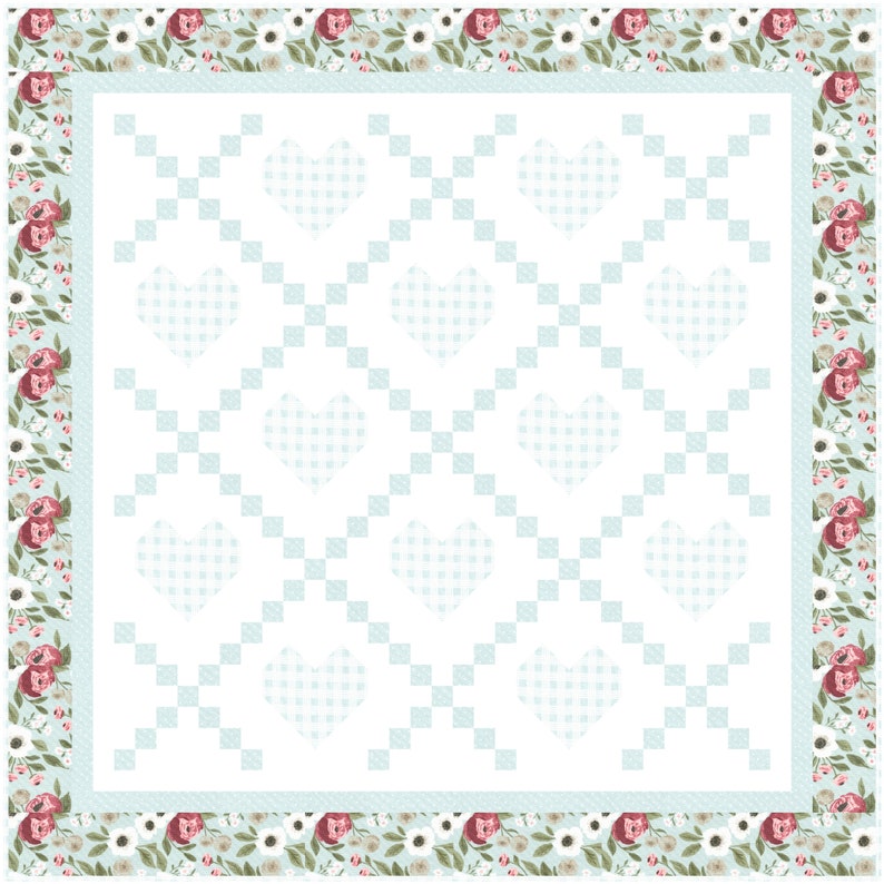 May include: A white quilt with a light blue checkered pattern and a border of red and white flowers. The quilt is made up of a series of hearts.