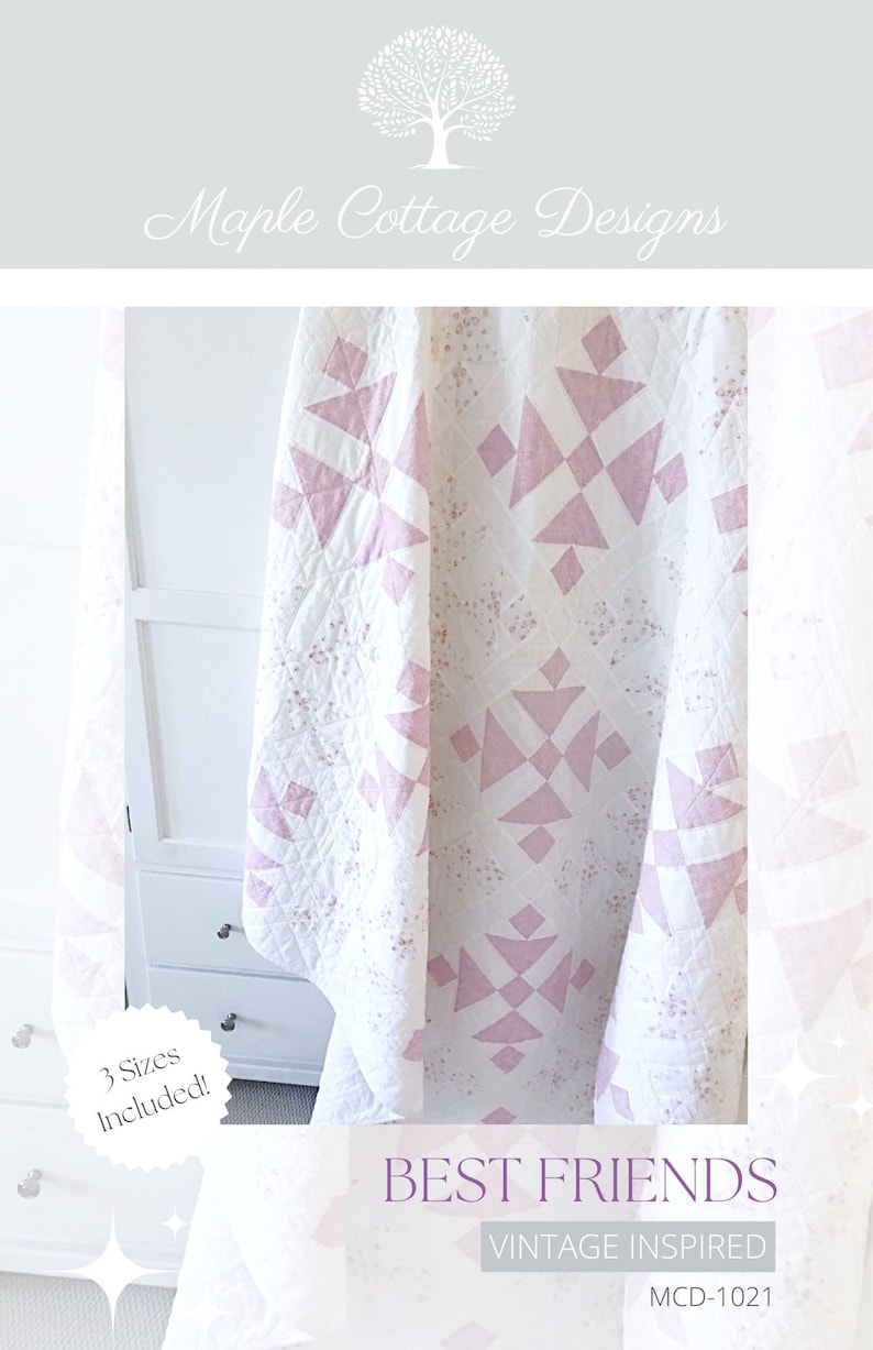 Peut inclure: Un mod&egrave;le de courtepointe rose et blanche avec un motif g&eacute;om&eacute;trique. La courtepointe s'appelle "Best Friends" et est d'inspiration vintage. Le mod&egrave;le comprend trois tailles. Le num&eacute;ro du mod&egrave;le est MCD-1021.