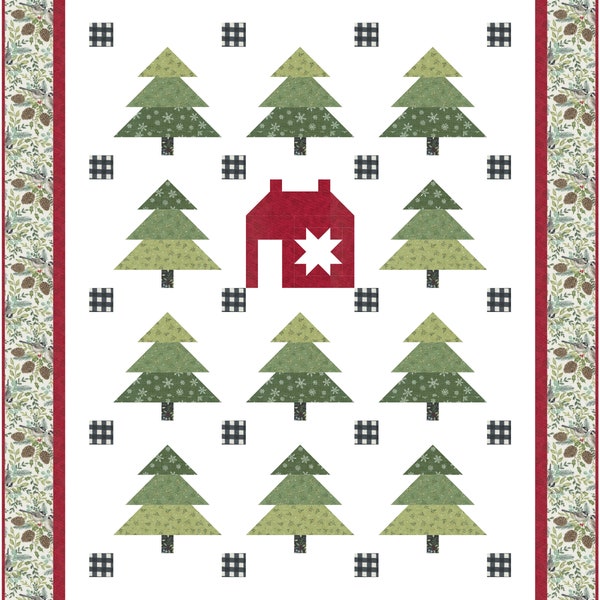 Motif de courtepointe pour Noël Motif de courtepointe de Noël Pine Valley PDF avec des arbres à feuilles persistantes et une courtepointe rouge de ferme d'arbres de Noël