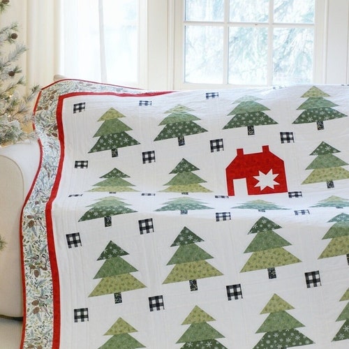 Quilt Pattern for Christmas Pine Valley Christmas Quilt Pattern PDF with Evergreen Trees and Red Barn Christmas Tree Farm Quilt