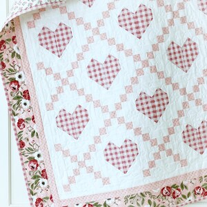 May include: A white quilt with a pink and white gingham pattern. The quilt is decorated with pink hearts and has a floral border.