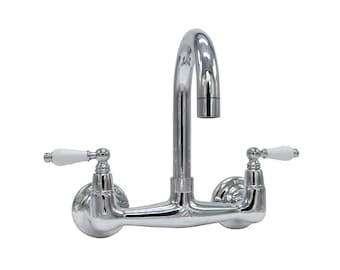 Short Reach Wall Mount Faucet with 6″ Swivel Spout with Porcelain Levers / Chrome Finish