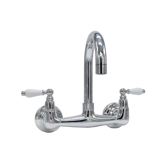 Short Reach Wall Mount Faucet with 6″ Swivel Spout with Porcelain Levers / Chrome Finish