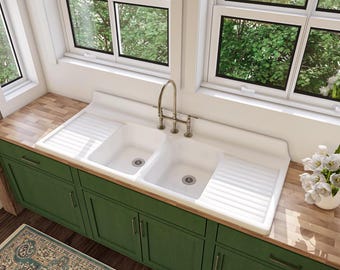 60" x 25" Double Bowl, Double Drainboard Farmhouse Sink Reproduction Model #DBDW6025