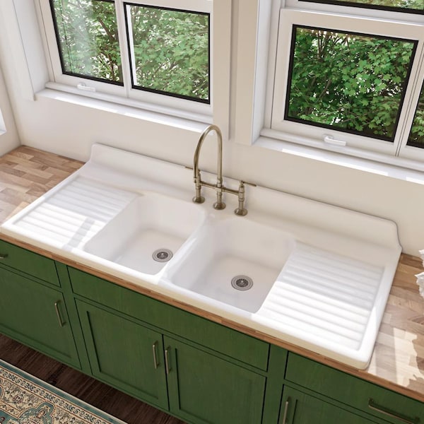 60" x 25" Double Bowl, Double Drainboard Farmhouse Sink Reproduction Model #DBDW6025