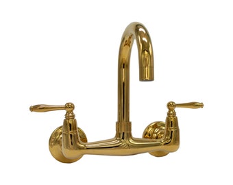 Short Reach Wall Mount Faucet with 6″ Swivel Spout with Metal Levers / Polished Brass Finish