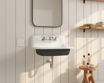 May include: A white wall-mounted sink with a black basin and chrome fixtures. The sink is positioned below a rectangular mirror with a black frame. The bathroom features a wooden stool, shelves, and a black and white tiled floor.