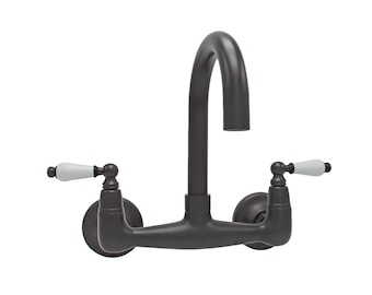 Short Reach Wall Mount Faucet with 6″ Swivel Spout and Porcelain Levers / Matte Black Finish