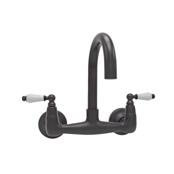 Short Reach Wall Mount Faucet with 6″ Swivel Spout and Porcelain Levers / Matte Black Finish