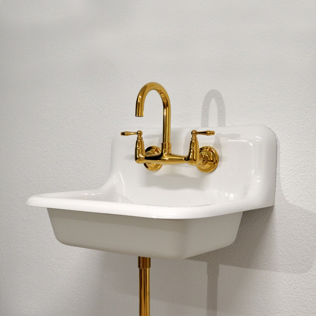 Wall Mount 24 X 18 Farm Sink With Polished Brass Faucet & Drain Spare