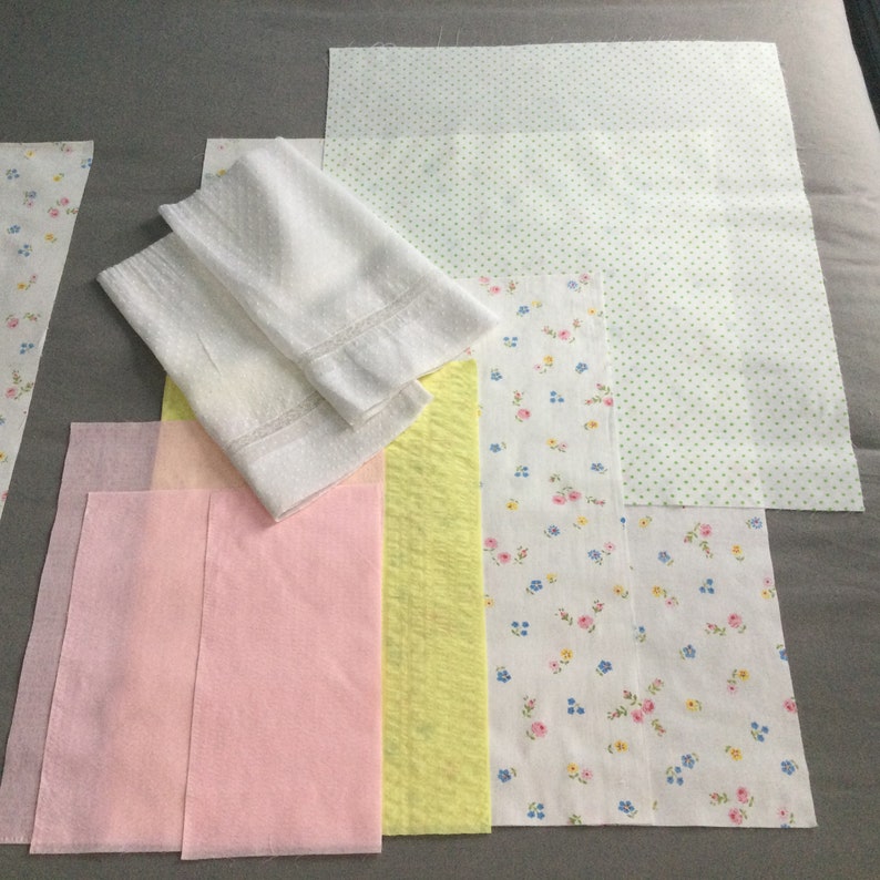 perfect for doll clothes pink Swiss dot Vintage Doll Fabric Scraps- tiny flowers seersucker small scale lightweight yellow bedding