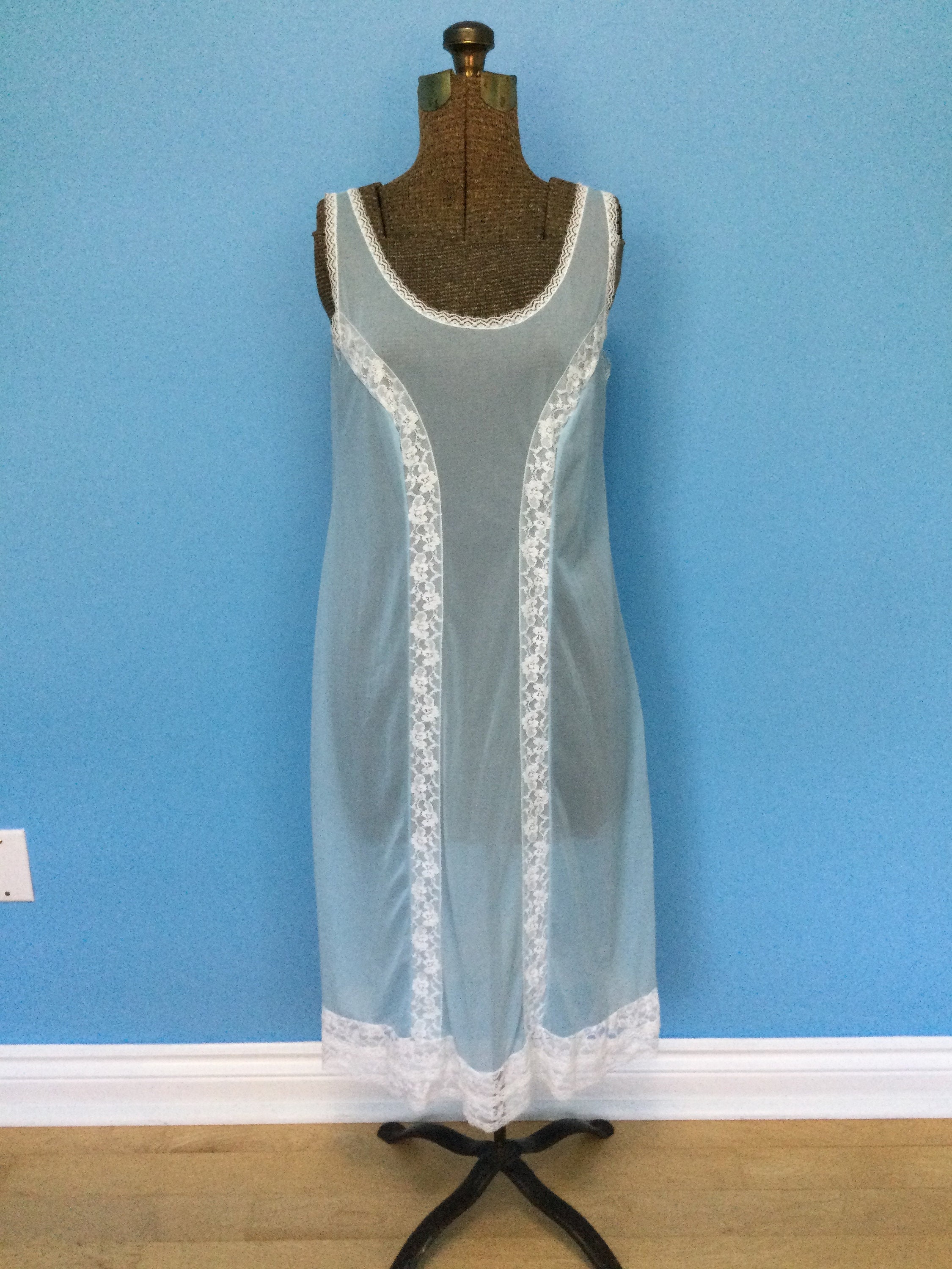 Vintage Full Slip Dress Liner 38 Blue Sheer Nylon White Etsy