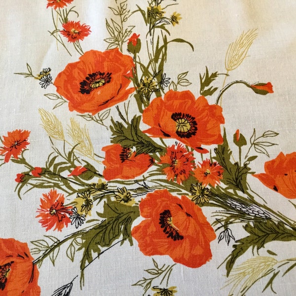 Vintage Mid Century Linen 1960's Square Tablecloth-  Orange Poppies, 49" x 50”, pretty, excellent condition