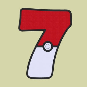 Puede incluir: Un número siete rojo y blanco con un contorno negro. El número siete tiene la forma de una Poké Ball.
