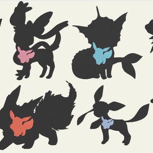 Peut inclure: Silhouettes de huit Pokémon différents, chacun avec un plus petit Pokémon d'une couleur différente à l'intérieur. Les Pokémon sont tous en noir, et les plus petits Pokémon sont de différentes couleurs, notamment rose, bleu, vert, jaune et violet.