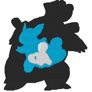 May include: Black and blue embroidered patch featuring a silhouette of a large, turtle-like Pokemon with a smaller, blue Pokemon inside.