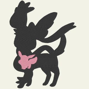 May include: Black embroidered design of a stylized creature with a pink chest and accents. The creature has large ears and a long, curved tail. The design is on a cream-colored background.