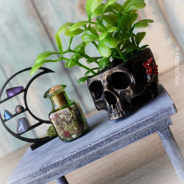 miniature set with planter, spell bottle, crystal display shelf, table