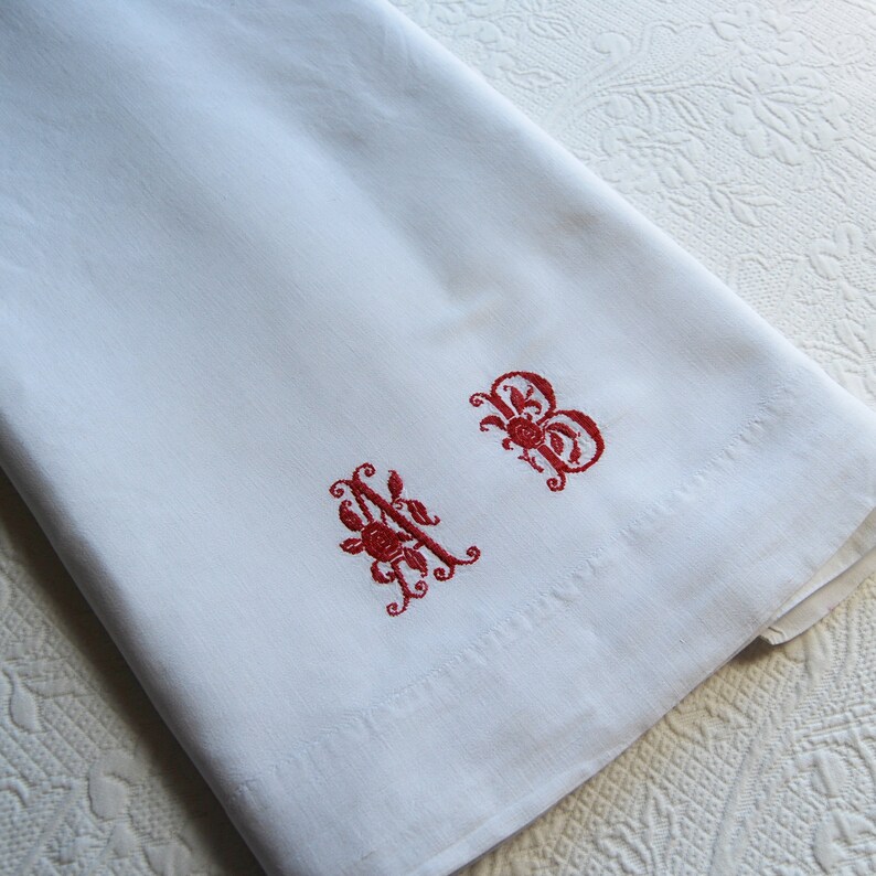 Antique French Linen Metis Sheet Red Monogram AB