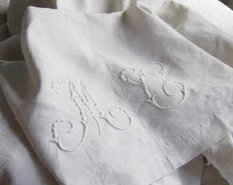 Antique French Linen Sheet Monogram MC Pale Greige Handloomed Natural
