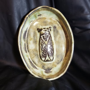 May include: Oval ceramic dish with a raised cicada design. The dish features a light brown base with a darker brown cicada in the center. The rim has a green and brown glaze.