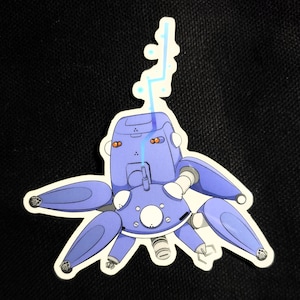 May include: A sticker featuring a stylized, light purple robot with multiple articulated limbs and a central body. The robot has orange eyes and a blue energy beam extending upwards. The sticker is on a black background.
