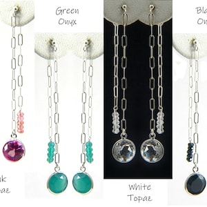 Örhängen fram och bak i stark rosa topas, vit topas, grön onyx, svart onyx, äkta ädelsten och långa silverkedja-hängen, 3-vägsörhängen