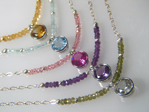 Bezel Set Round Brilliant Gemstone Silver Chain Necklace, Solitaire Pendant w/ Natural Gemstone Accents Adjustable Necklace 16" 18" Necklace