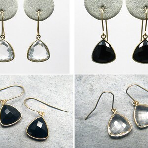 Trillion Cushion Bezel Set Gemstones and Hook Earwire, Gold Dangle Earrings, Crystal Quartz or Black Onyx, Minimalist Dangling Natural Stone