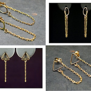 Goldfilled Dangling Chain Earrings, Geometric Studs Front Back Chain Drop, Chain Hoop Triangular Post Earrings, Everyday Oval Wire Studs