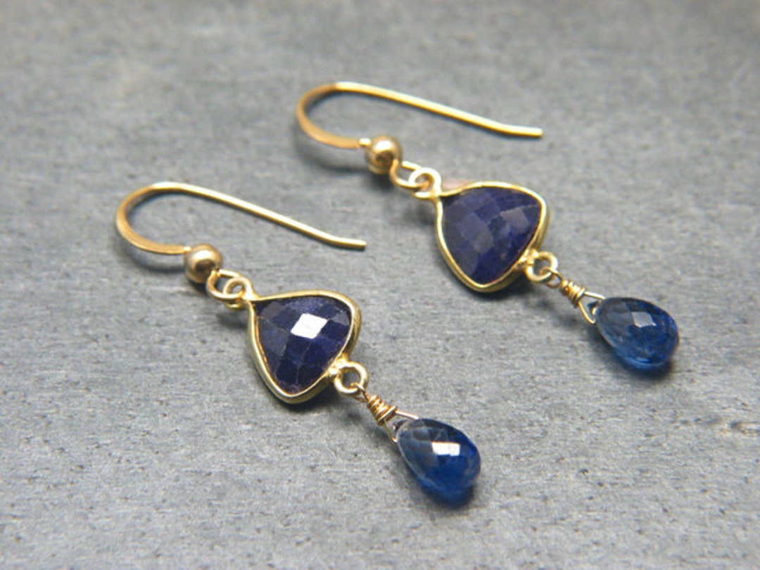 Blue Sapphire and Kashmir Blue Kyanite Gemstone Earrings Gold - Etsy