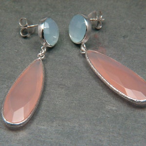 Aqua und Rose Pink Achat Lange Ohrringe, Zwei Einfassungen Edelsteine Ohrringe, Große Tropfen und Runder Stein Ohrstecker, 925 Sterling Silber