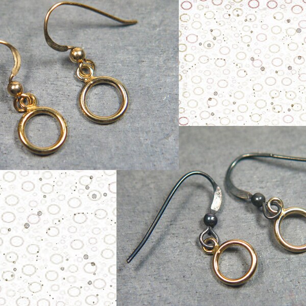 Black Silver & Gold Filled Dangling Small Round Hoop Earrings, Or All Gold Hook Earwire Dangles, Minimalist Circle, Small Everyday Earrings