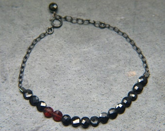 Black Spinel and Red Garnet Bracelet with Oxidized Silver Chain Genuine Gemstones Stacking Bracelet  - Coin Shape Natural Stones Bracelet