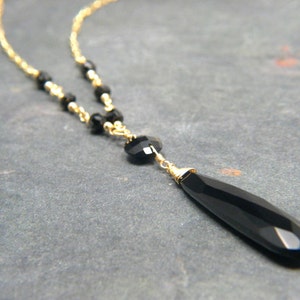 Mesmerizing Extra Long Black Onyx Pendant on Gold Filled with Black Spinel Wire-wrapped Beads Chain Statement Long Y Necklace Fashionista