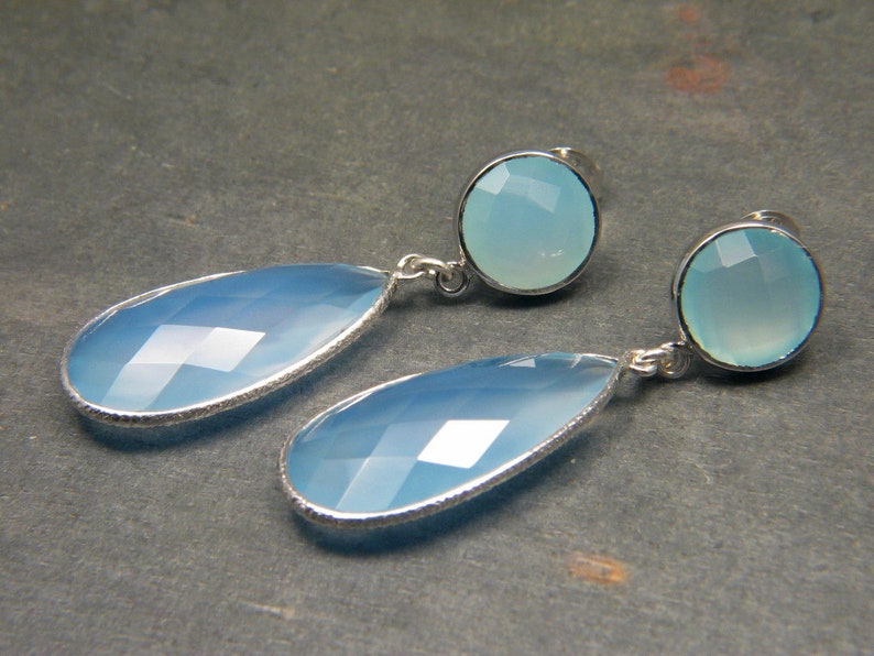 Blue shops Agate and Blue Green Chalcedony Dangle Post Earrings Bezel Set in Anti-tarnish 925 Sterling Silver Smooth and Textured Frames
