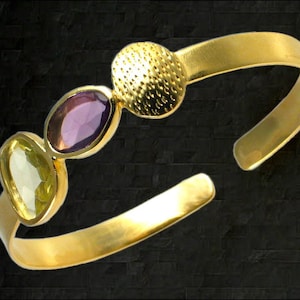 Unique Gold Cuff  w/ Bezel Set Free Form Genuine Gemstones, Lemon Quartz Amethyst Cuff,  Gold Plated Satin Finish, Medium Size Adjustable