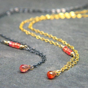 Exquisite Genuine Padparadscha Sapphire Small Solitaire Pendant Asymmetric Chain Necklace - Gold or Oxidized Silver Chain Delicate Jewelry