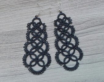 Black tatting earrings, crochet earrings, tatting lace hoop earring, filigree earrings