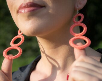 Handmade crochet earrings, circle cotton earrings, peach color earrings