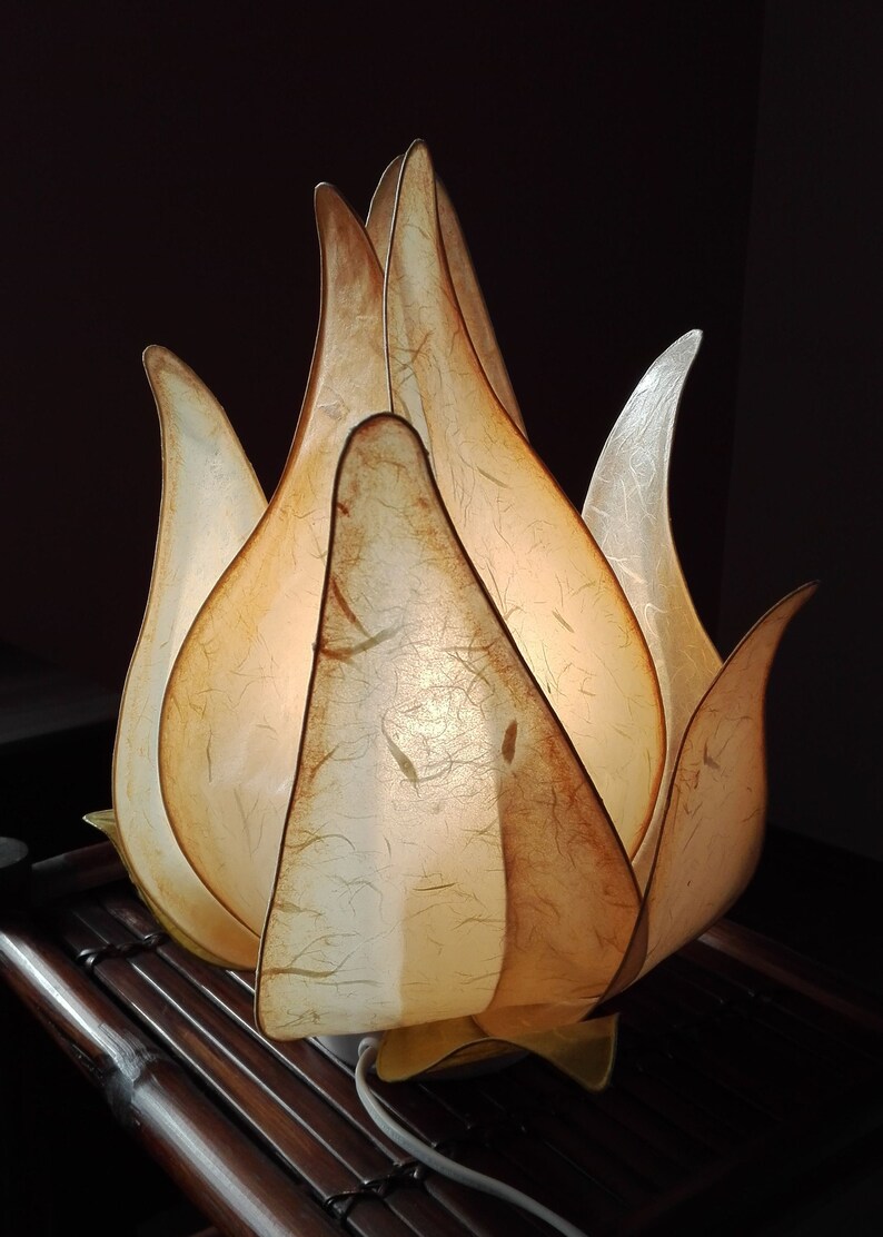 table lamp in the shape of a flower bud Handmade lamp rice paper lamp warm atmosphere. soft beige color