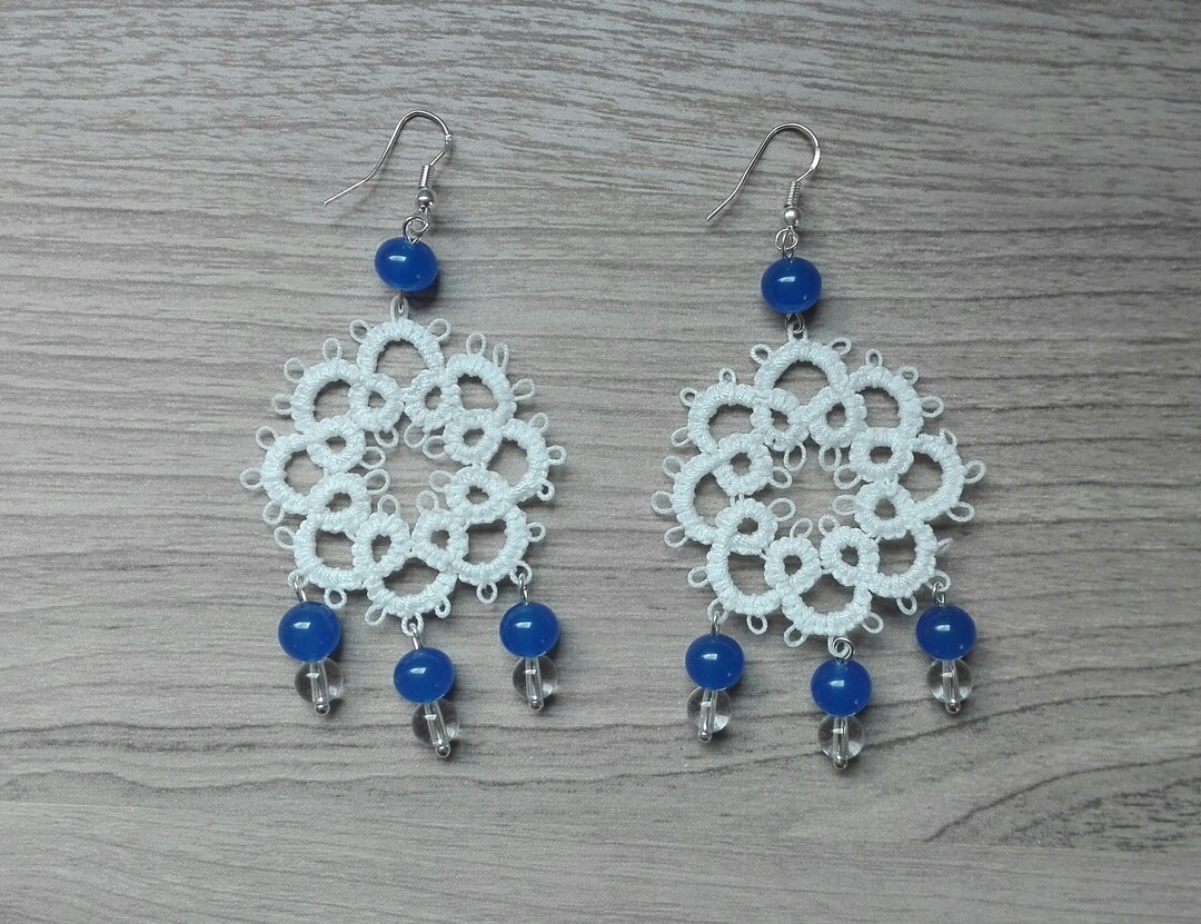 White and Blue Tatting Earrings, Crochet Earrings, Tatting Lace Earring