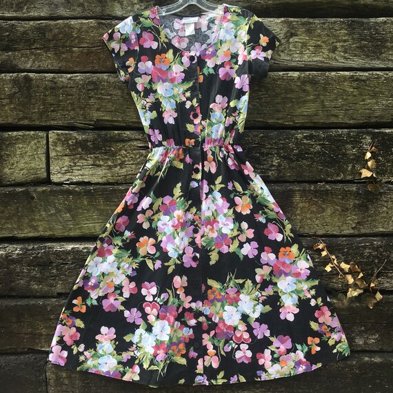 Vintage Black Floral Pansies Button-Up Midi Dress