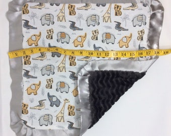 Genderneutrale babydeken, veiligheidsdeken, crinkle baby lovey, satijnen babydeken, babycadeau onder de twintig, safaridieren
