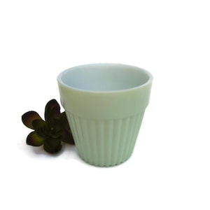 May include: A light green, ribbed ceramic planter with a cylindrical shape. The planter has a smooth rim and a series of vertical ridges along its exterior. A dark green succulent is next to the planter.