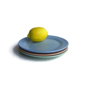 May include: A stack of three ceramic plates in pastel colors: blue, pink, and green. A yellow lemon rests on top of the blue plate. The plates are round and have a simple, modern design.