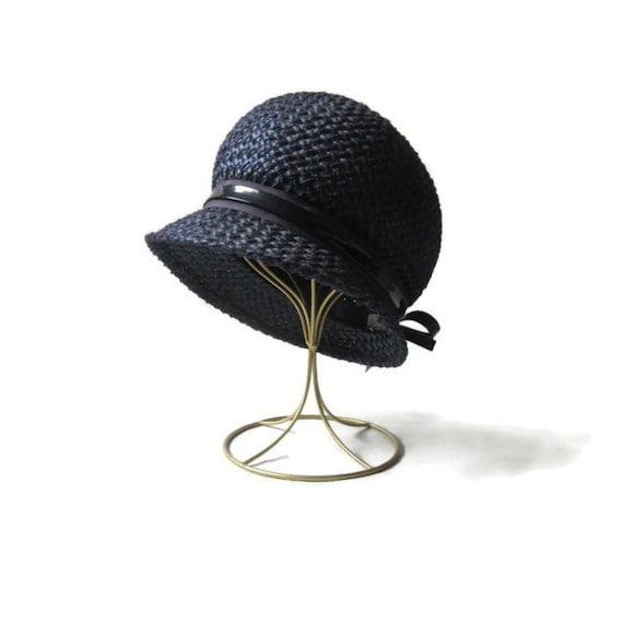 Straw Cloche Hat; Vintage Straw Cloche Hat, Vintage Navy Blue Straw Cloche Hat, Flapper Hat, Vintage Flapper Hat, Bobbed Hat