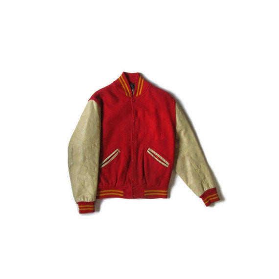 Red and gold letterman jacket deals