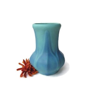 May include: A two-toned blue ceramic vase with a bulbous base and a narrow neck. The vase is next to a vibrant orange-red flower, set against a white background. The vase's design is smooth and elegant.
