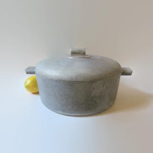 May include: A round, silver-colored metal pot with a textured, matte finish and a matching lid. The pot features two rectangular side handles and a small, square-shaped knob on the center of the lid. A single yellow lemon sits beside the pot.